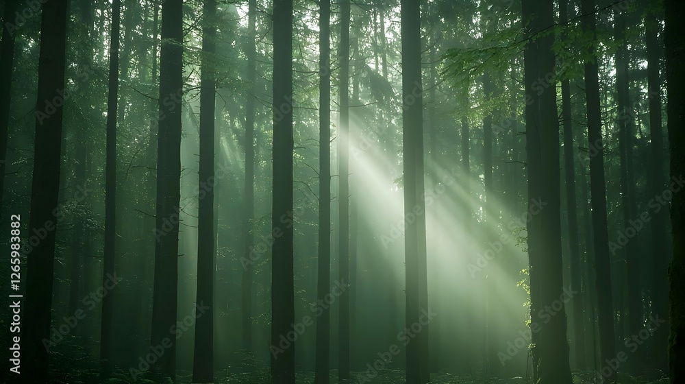 Naklejka premium Sunlit Foggy Forest: Green Trees and Sunlight Beams