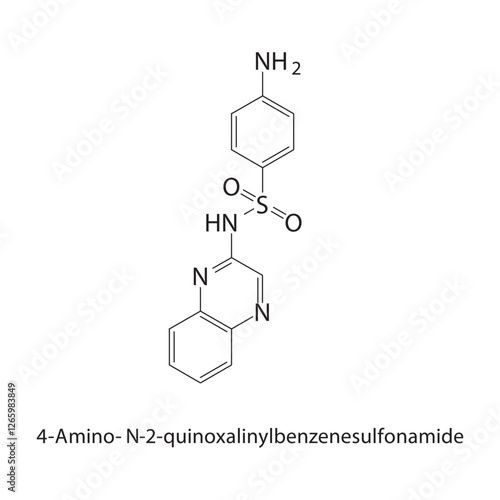 4-Amino-N-2-quinoxalinylbenzenesulfonamide skeletal structure.Sulfonamide compound schematic illustration. Simple diagram, chemical formula.