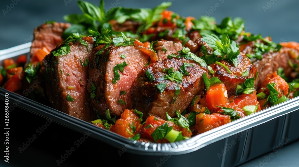 A tempting dish featuring succulent meat garnished with fresh herbs and colorful vegetables evokes culinary art and indulgence, promising a delightful dining experience. A tempting dish featuring succulent meat garnished with fresh herbs and colorful vegetables evokes culinary art and indulgence, promising a delightful dining experience.