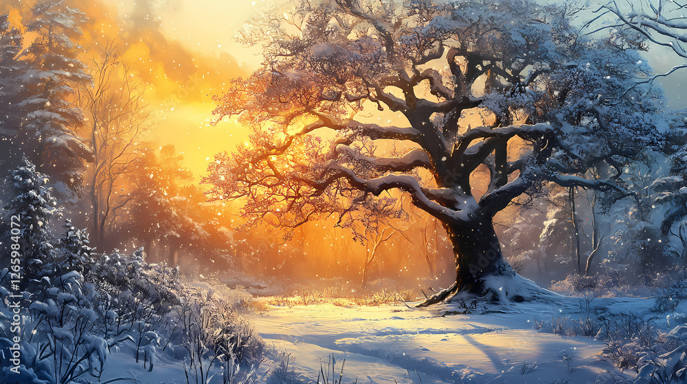 Naklejka premium A winter landscape features an old and beautiful tree covered in snow, bathed in the warm glow of sunset during golden hour. Burning Ice Cathedrals. Illustration