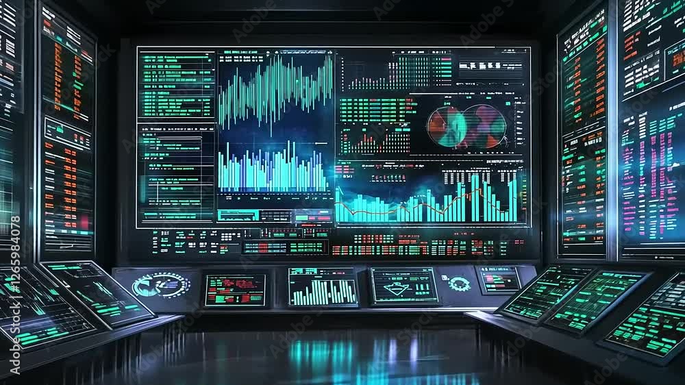 High-Tech Control Room with Data Visualizations and Graphics High-Tech Control Room with Data Visualizations and Graphics