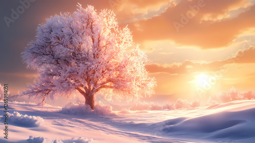 A winter landscape features an old and beautiful tree covered in snow, bathed in the warm glow of sunset during golden hour. Burning Ice Cathedrals. Illustration