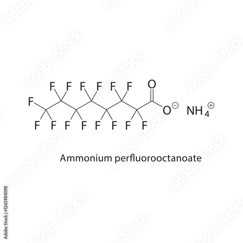 Ammonium perfluorooctanoate skeletal structure.Perfluorinated compound compound schematic illustration. Simple diagram, chemical formula.