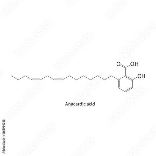 Anacardic acid skeletal structure.Phenolic lipid compound schematic illustration. Simple diagram, chemical formula.