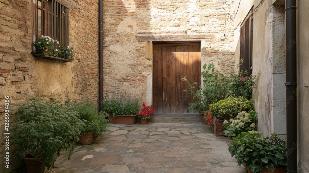 Fototapeta premium Italian courtyard garden, plants, doorway, sunlit, quiet, peaceful, vintage, tranquil, possible use in decor or travel publications