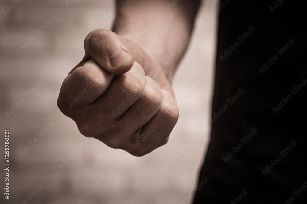 Close-up of a clenched fist, symbolizing aggression, anger, and violence. A powerful stock photo for topics on conflict, emotions, self-defense, and social issues. Close-up of a clenched fist, symbolizing aggression, anger, and violence. A powerful stock photo for topics on conflict, emotions, self-defense, and social issues.