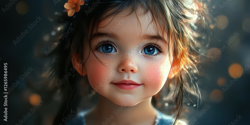 Portrait of a young girl with expressive blue eyes and a charming smile in a softly lit environment Portrait of a young girl with expressive blue eyes and a charming smile in a softly lit environment