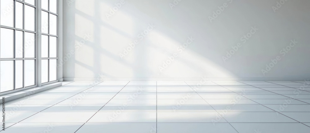 Bright White Minimalist Room Interior with Sunlight and Large Window Bright White Minimalist Room Interior with Sunlight and Large Window