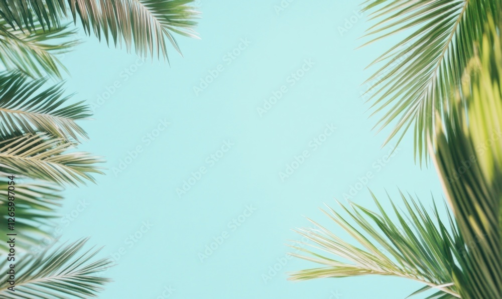Summer background with palm leaves and sandy beach, blue sky, banner for vacation travel poster or template design. Copy space Summer background with palm leaves and sandy beach, blue sky, banner for vacation travel poster or template design. Copy space