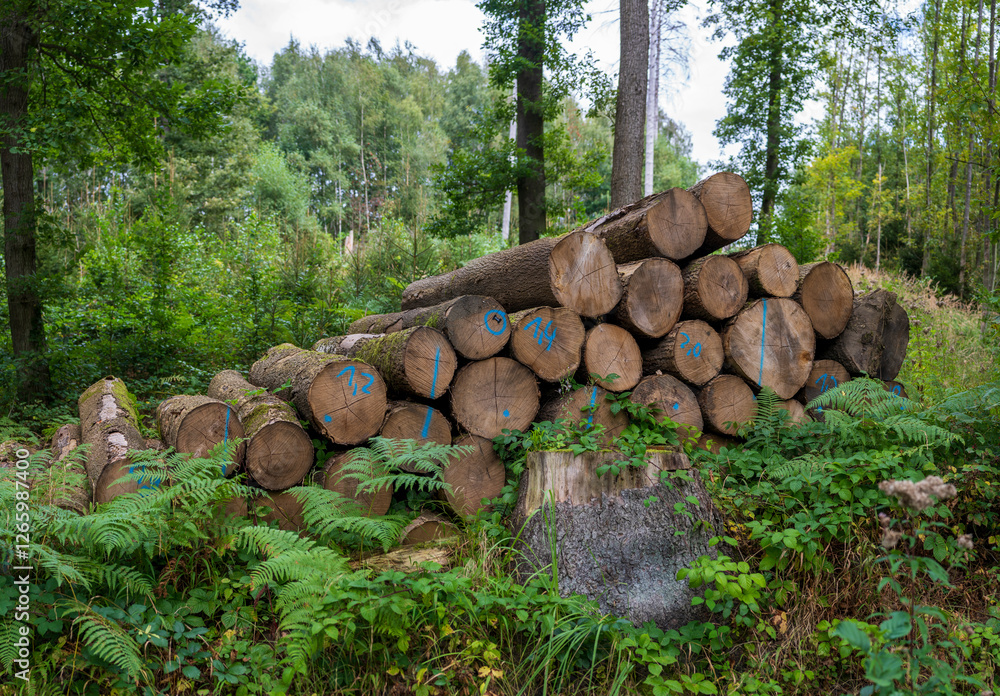 Sawn tree trunks laid neatly in rows. Sustainable forestry concept Sawn tree trunks laid neatly in rows. Sustainable forestry concept