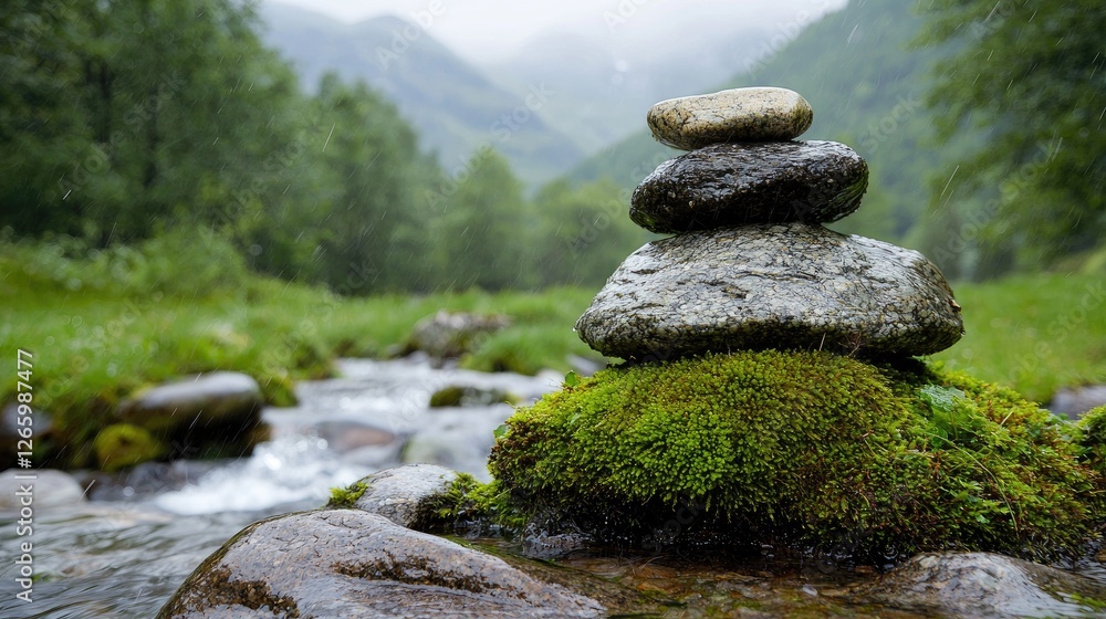 Stacked stones by a mountain stream Stacked stones by a mountain stream