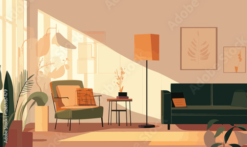 Cozy Elegant Minimalist Living Room Interior with Soft Lighting and Modern Decor Vector Illustration