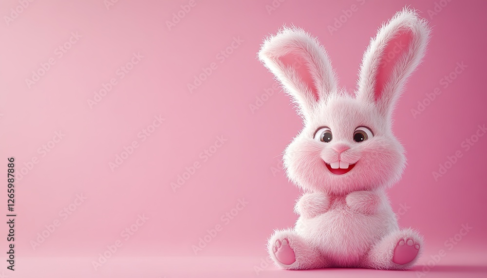 Fototapeta premium 3d Bunny Animation Cartoon Cute Smiling Fluffy Ears Pink Background Copy Space Happy Easter Greeting Card