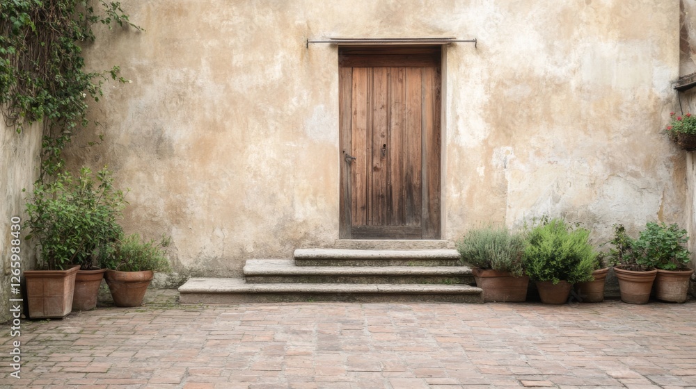 Old stone wall with wooden door and steps, courtyard garden. Potential use Interior design, architecture Old stone wall with wooden door and steps, courtyard garden. Potential use Interior design, architecture