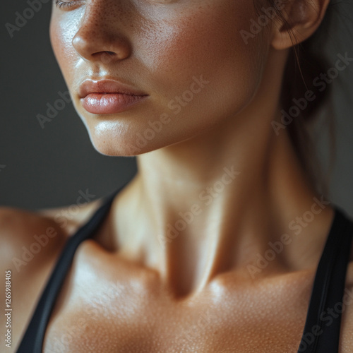 Model showcases athletic physique and glowing skin in a serene indoor setting captured in rich, warm tones