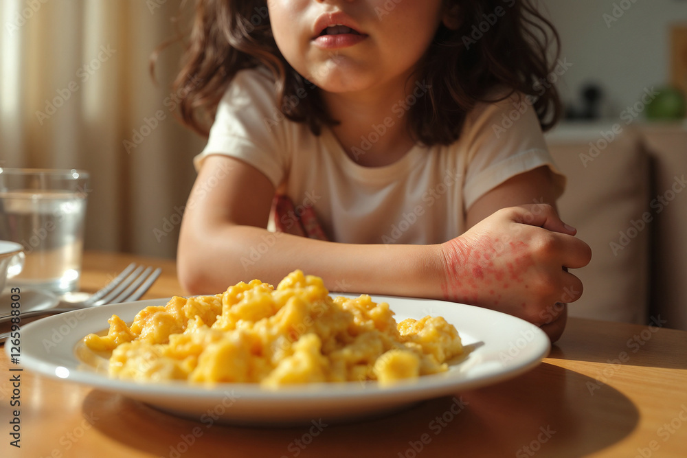 Child with food allergy reaction sitting at the table with eggs Child with food allergy reaction sitting at the table with eggs