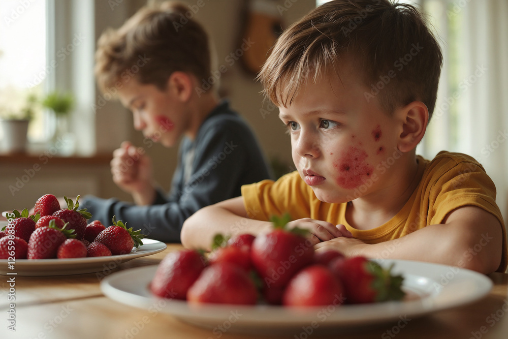 Child with diathesis on cheeks sitting at a table with strawberries looking upset Child with diathesis on cheeks sitting at a table with strawberries looking upset