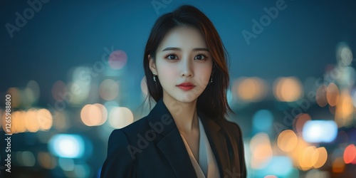 Professional woman in elegant attire poses with city skyline in the background during twilight hours photo