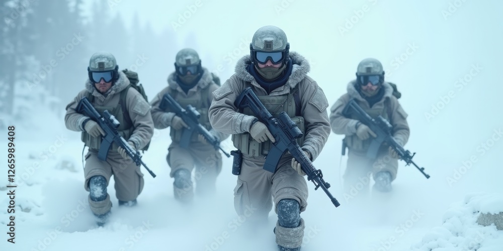 Fototapeta premium A group of military soldiers in winter gear advance through a snow-covered landscape, showcasing teamwork and bravery in challenging conditions.