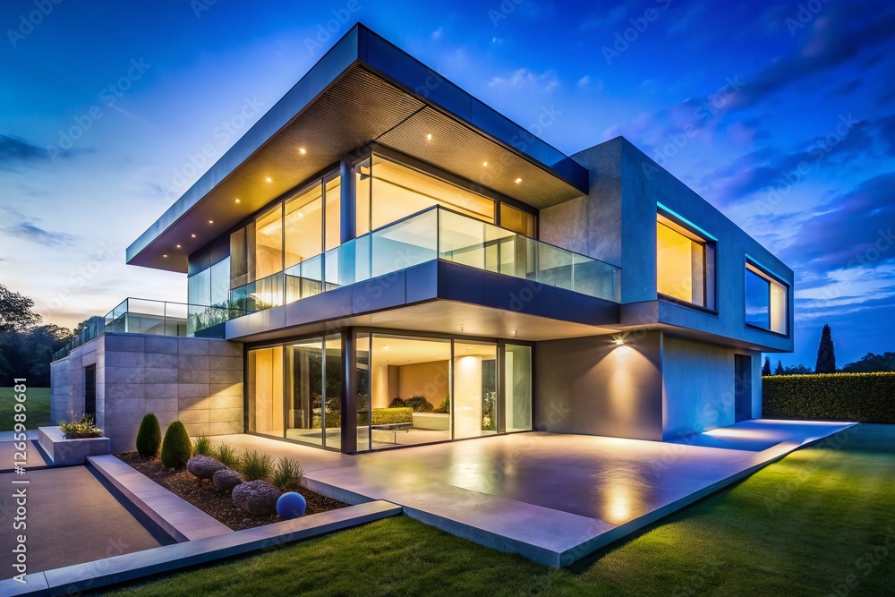 Fototapeta premium Modern Minimalist Concrete Glass House Exterior Night Photography