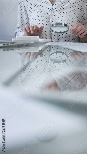 Businesswoman in white dotted blouse is carefully reviewing financial reports with magnifying glass and calculator, conducting audit and analyzing data, vertical view Taxes, audit in business