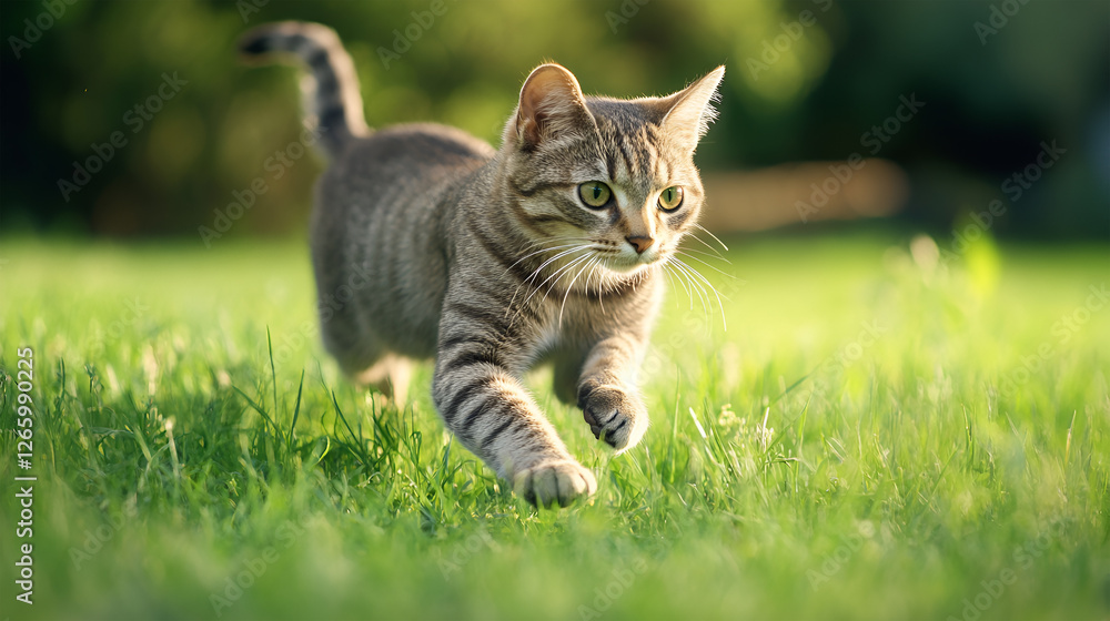 Tabby cat walking in grass, green meadow background, sunlit fur, alert expression, playful pose, shallow depth of field, high detail, soft lighting Tabby cat walking in grass, green meadow background, sunlit fur, alert expression, playful pose, shallow depth of field, high detail, soft lighting