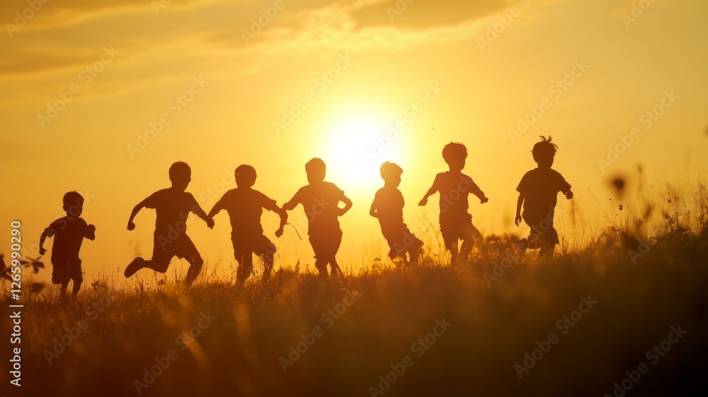 Fototapeta premium Silhouette Of Kids Running In A Field At Sunset. Childhood, Friendship, And Freedom Concept.