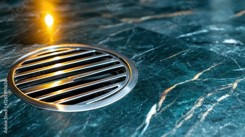 A polished marble countertop featuring an elegant drainage grill, highlighting the intersection of practical design and exquisite materials. photo