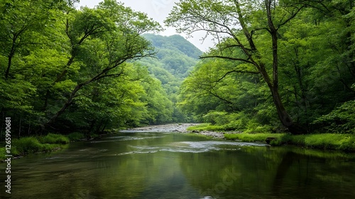 Shallow River Flowing Through Lush Green Forest Valley