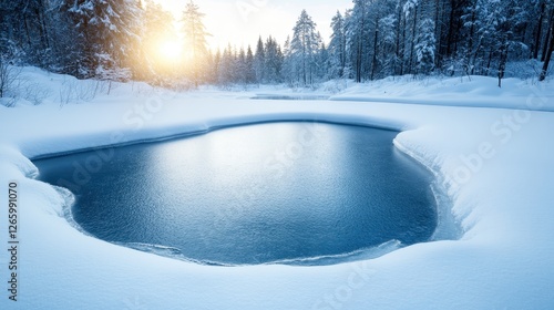 An intriguing view of a perfectly round hole in a snowy terrain, with sunlight illuminating the natural beauty and creating an inviting, tranquil winter landscape.