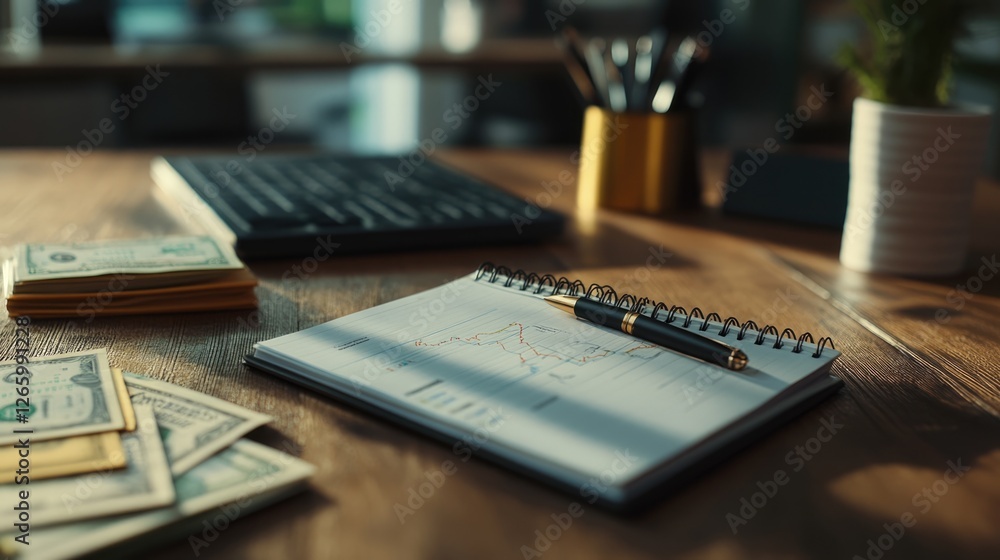 Financial planning workspace with charts, cash, and pen. Financial planning workspace with charts, cash, and pen.
