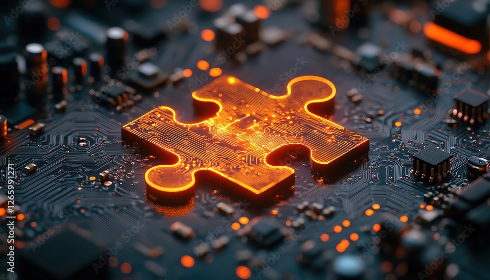 Digital puzzle piece on a circuit board, glowing connections Digital puzzle piece on a circuit board, glowing connections