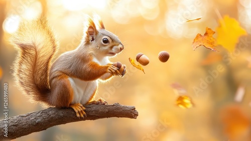 This charming image captures a squirrel skillfully holding acorns amidst a beautiful autumn background filled with falling leaves and warm sunlight.