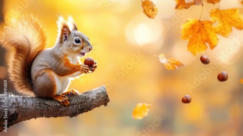 The image showcases a squirrel perched on a branch, clutching an acorn while surrounded by colorful autumn leaves, highlighting nature's vibrant beauty.