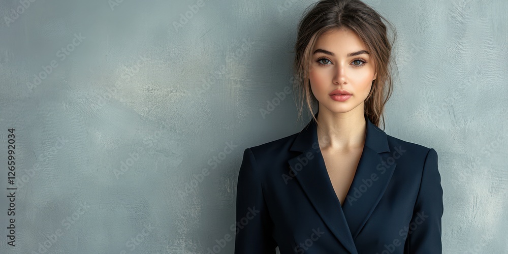 Elegant woman in a tailored suit posing against a textured gray wall in a professional setting Elegant woman in a tailored suit posing against a textured gray wall in a professional setting
