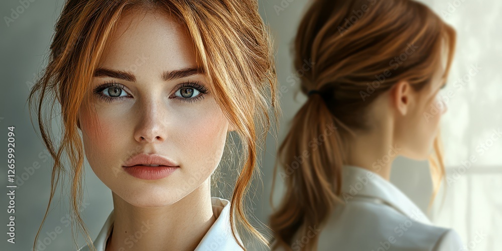 Beautiful young woman with red hair gazes thoughtfully while standing near a bright window in a cozy indoor space Beautiful young woman with red hair gazes thoughtfully while standing near a bright window in a cozy indoor space