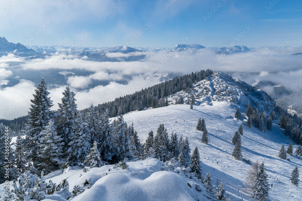 Hiking in the mountains and forest. Alps. Austria in winter Hiking in the mountains and forest. Alps. Austria in winter