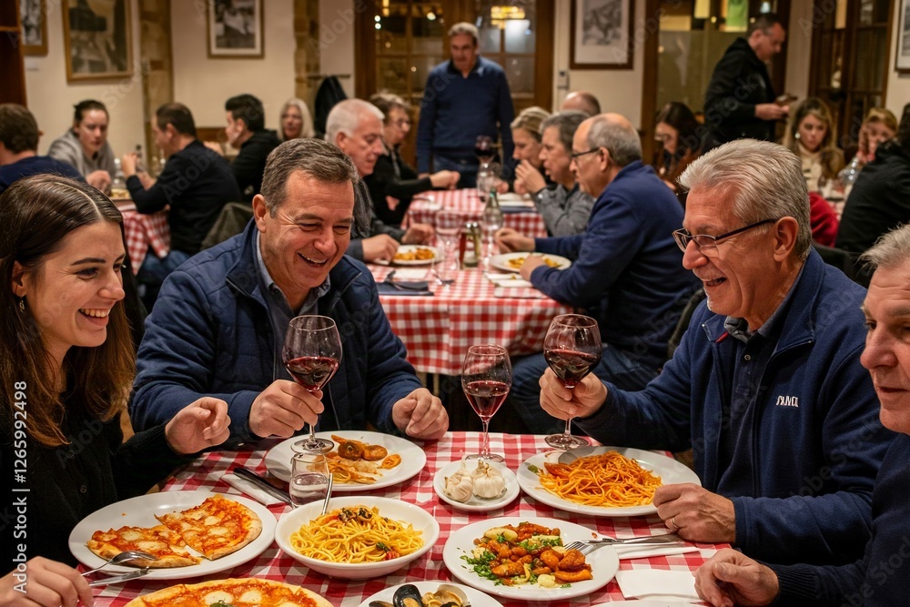 A bustling Italian restaurant with red and white checkered tablecloths, filled with happy diners enjoying pasta and wine A bustling Italian restaurant with red and white checkered tablecloths, filled with happy diners enjoying pasta and wine