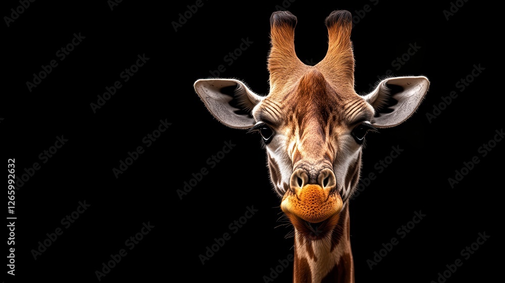 Naklejka premium A stunning portrait of a giraffe illuminated against a dark backdrop, emphasizing its majestic features and creating a powerful contrast that captivates the viewer.