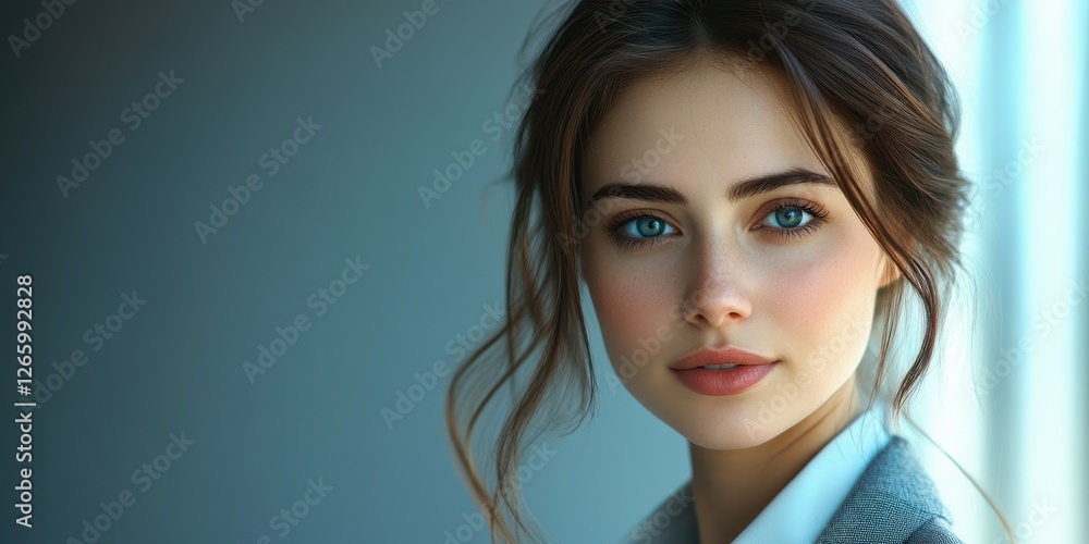 Portrait of a young woman with striking blue eyes in a modern indoor setting during a soft, natural light Portrait of a young woman with striking blue eyes in a modern indoor setting during a soft, natural light
