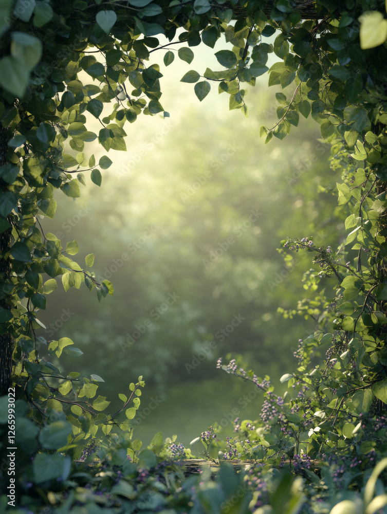 Sunlit garden framed by lush green vines and leaves Sunlit garden framed by lush green vines and leaves
