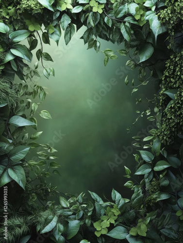 Lush green foliage frame with vines on dark background