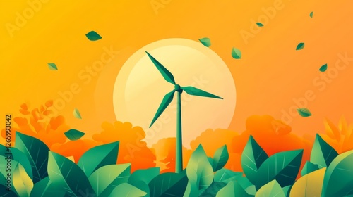 Wind Turbine With Floral Illustration. Eco Energy, Sustainability Concept.
