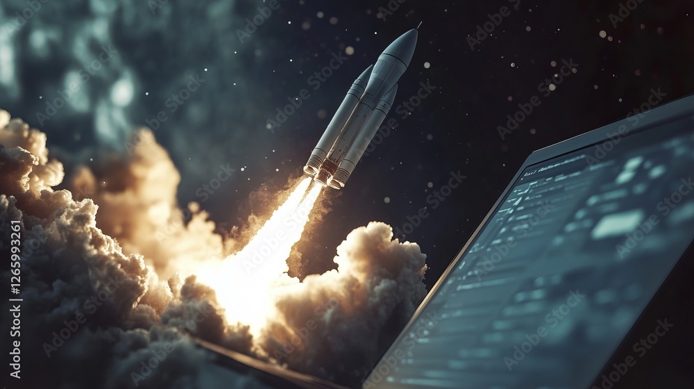 Obraz premium Startup Launch. Rocket Blasting Off Near Laptop, Symbolizing Innovation, New Business, Technology, And Ambitious Project.