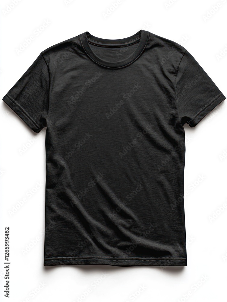 mockup of a plain black T-shirt, front view, flat with no wrinkles, on a white background, in a flat lay mockup of a plain black T-shirt, front view, flat with no wrinkles, on a white background, in a flat lay