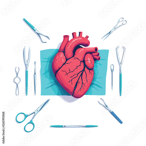 Surgeons preparing human heart for open heart surgery with surgical instruments