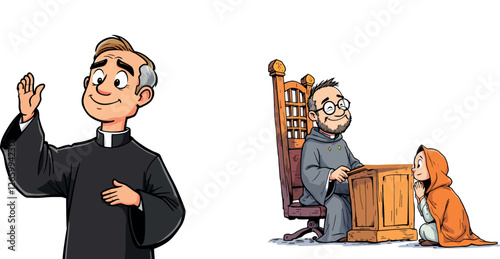 Catholic priests blessing and listening to confession of young girl