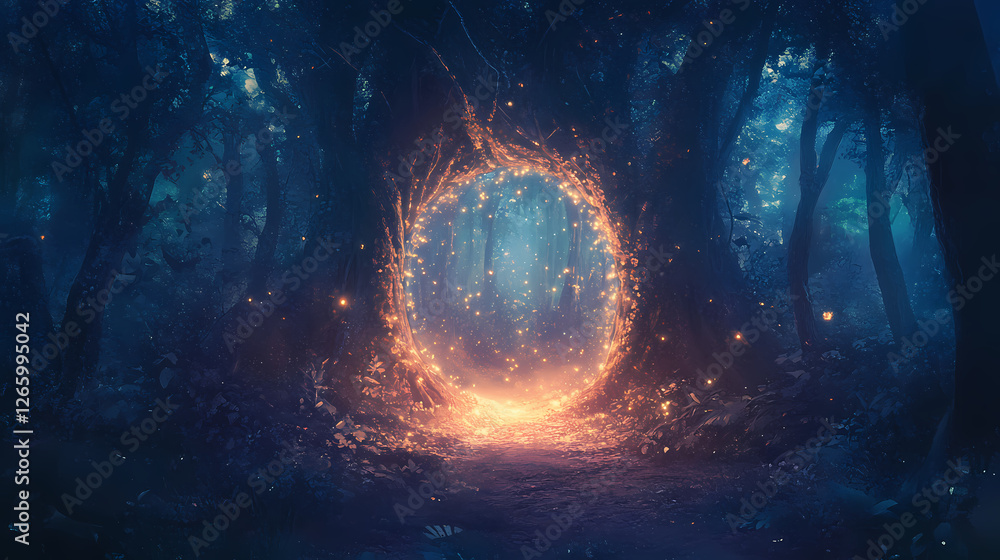 Dark enchanted forest illuminated by a mystical mirror serving as a portal to another realm with shimmering lights and shadowy trees creating a magical ambiance. Mirror Realm Explorers. Illustration Dark enchanted forest illuminated by a mystical mirror serving as a portal to another realm with shimmering lights and shadowy trees creating a magical ambiance. Mirror Realm Explorers. Illustration