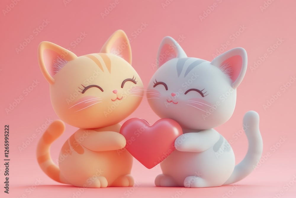 Two adorable cartoon cats embracing a heart, symbolizing love and affection Two adorable cartoon cats embracing a heart, symbolizing love and affection