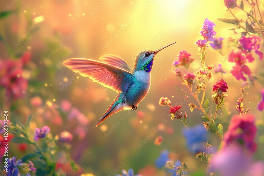 A vibrant hummingbird hovers amidst a radiant bloom of colorful flowers in a sun-drenched meadow. A vibrant hummingbird hovers amidst a radiant bloom of colorful flowers in a sun-drenched meadow.